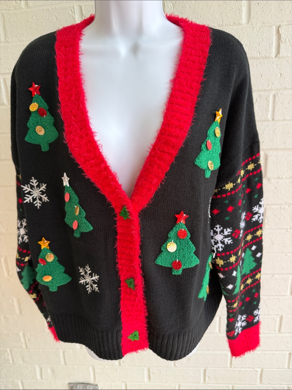 Holiday Time Black Cardigan with Red Trim and Green Tree Appliqués NWT Size L